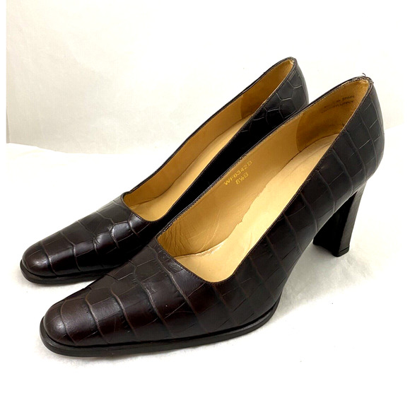 Ralph Lauren Pump Croc Embossed Brown Leather 3" Block Heel Classic 8.5 B - Picture 6 of 11